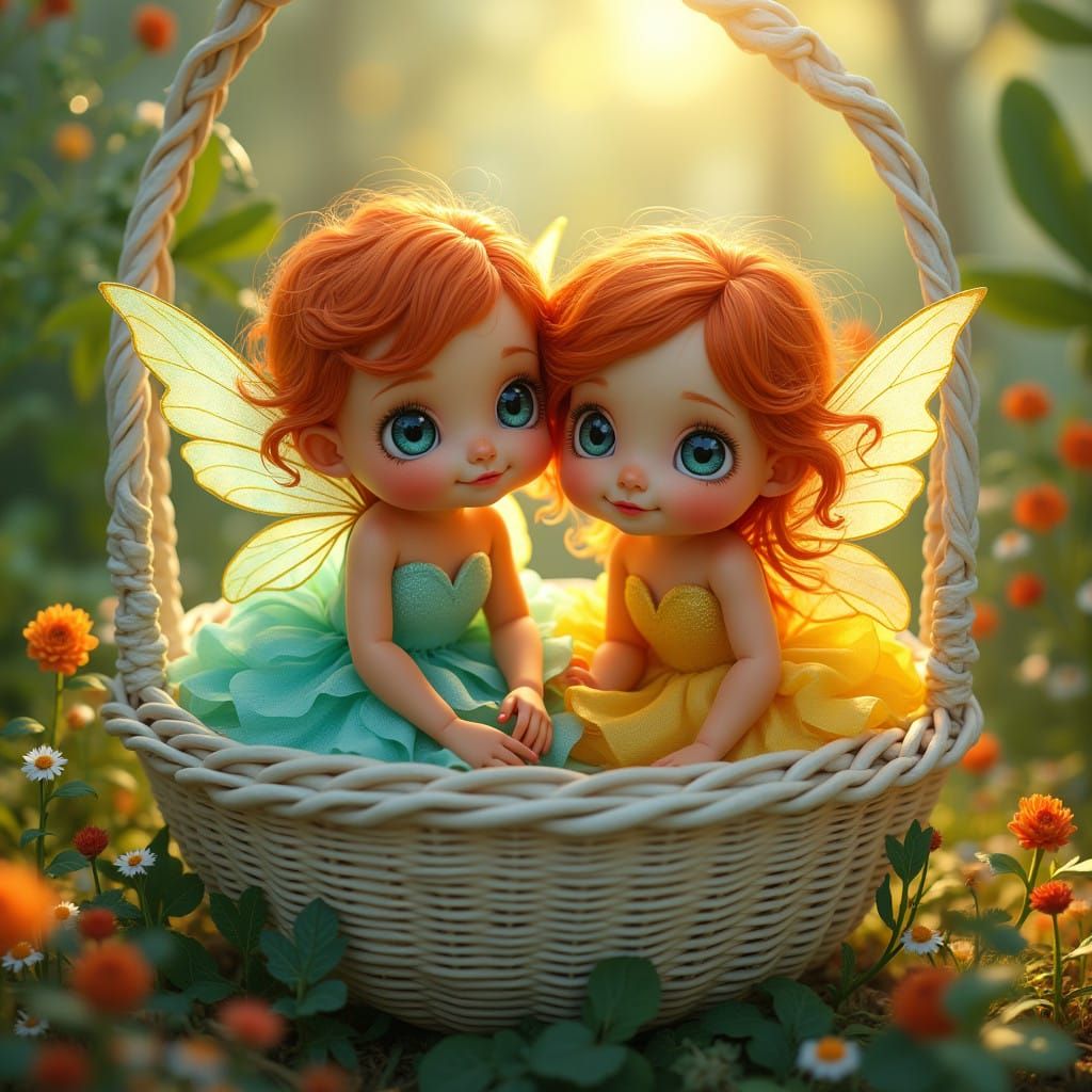 Whimsical Fairy Twins in Enchanted Garden