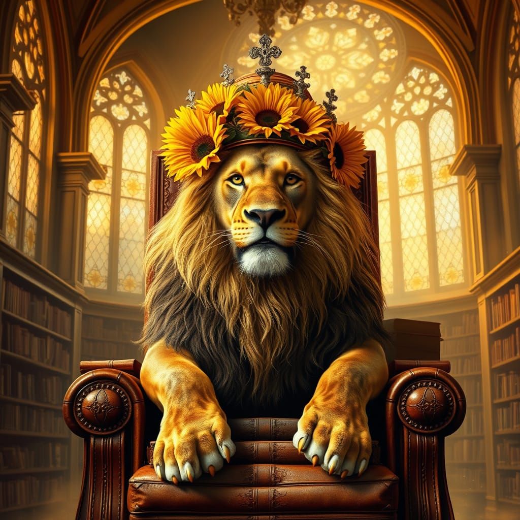 Surreal Portrait of Lion on Throne of Vintage Books in Grand...