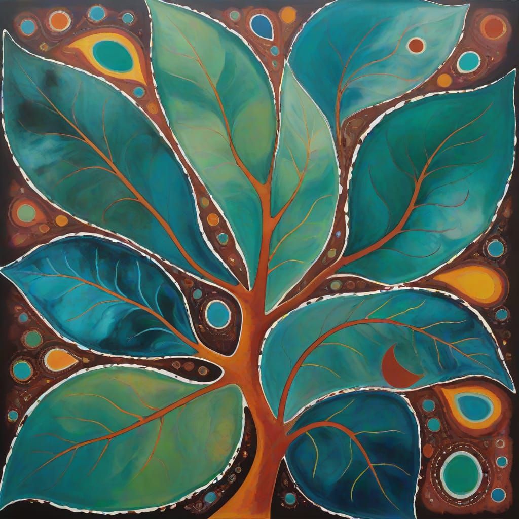 Vibrant Aboriginal Galaxy Leaf Tree in Dreamlike Colors