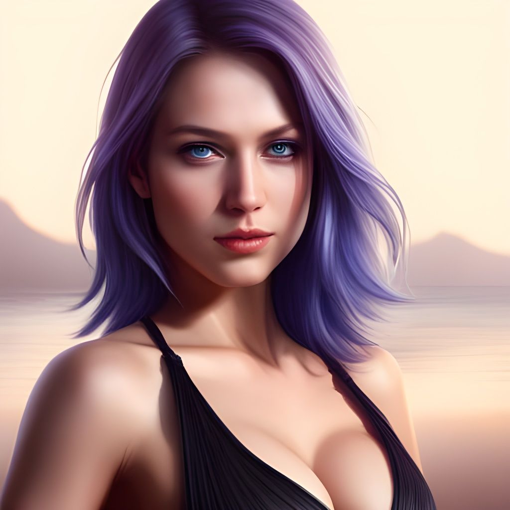 Realistic Woman with Purple Hair on Beach