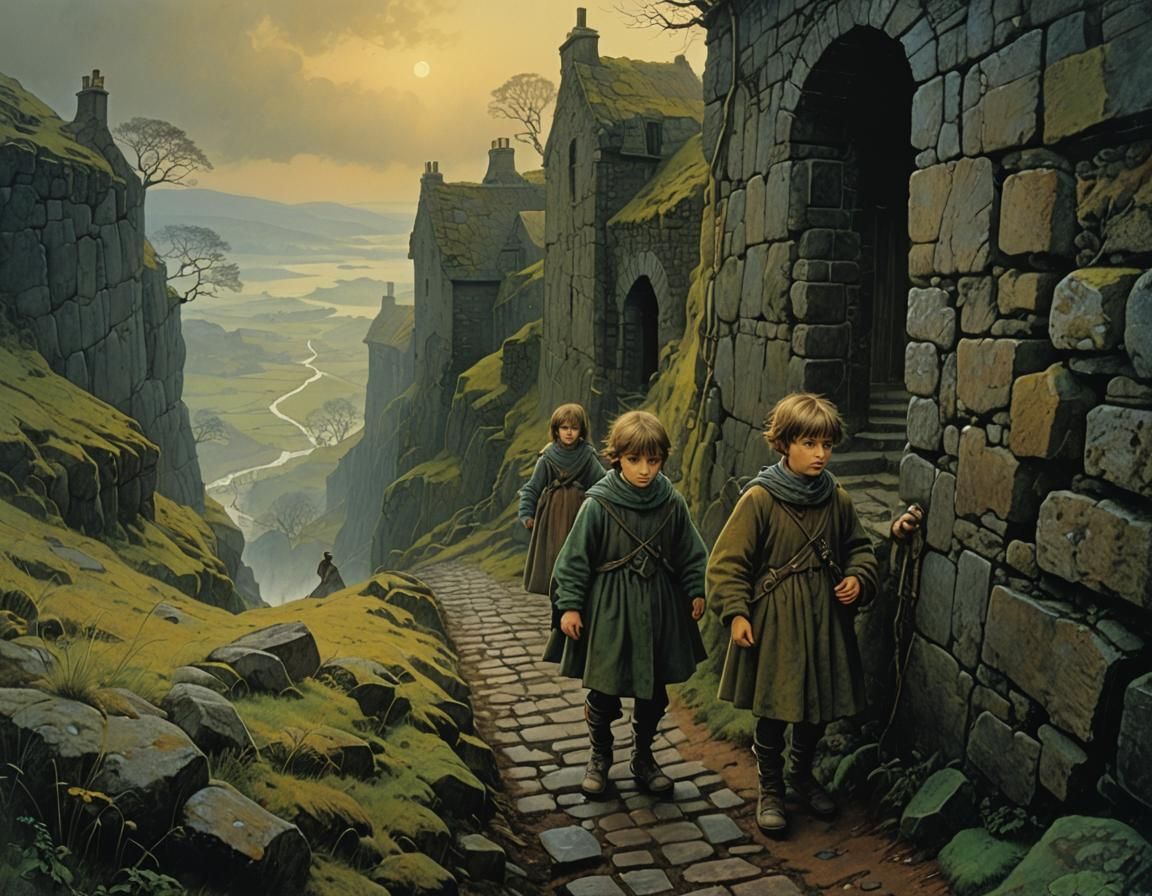 Scottish Landscape with Children, in Dark Fantasy Style