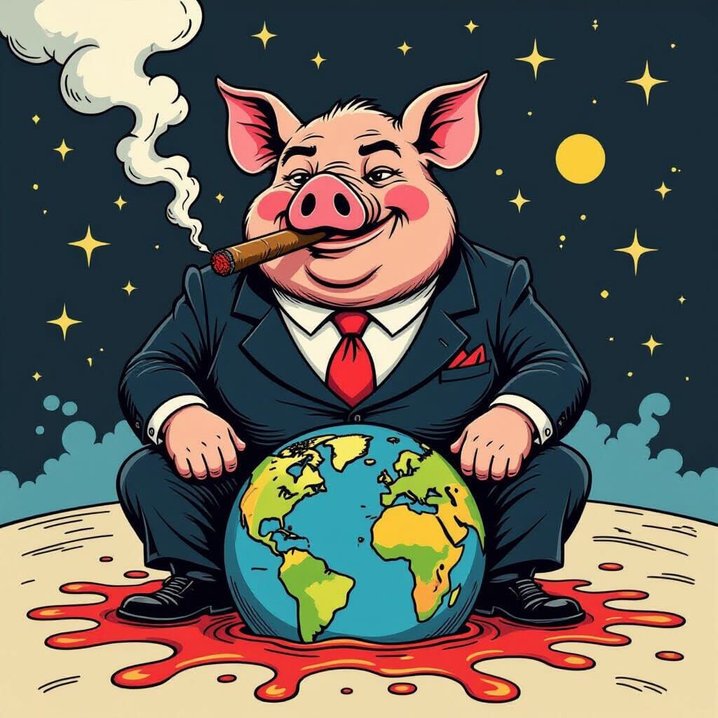 Political Satire: Pig King on Earth Throne