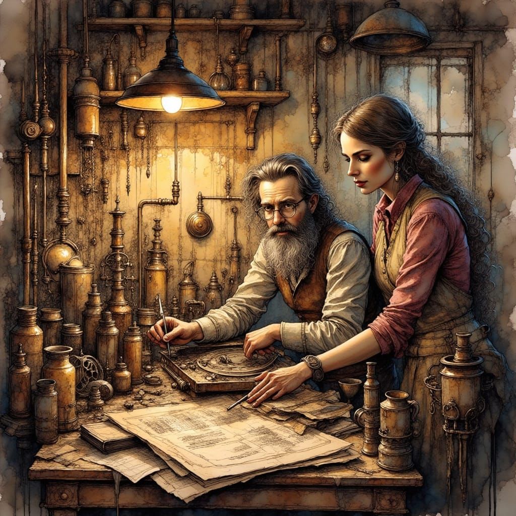 Gouache Painting of Inventor in Workshop