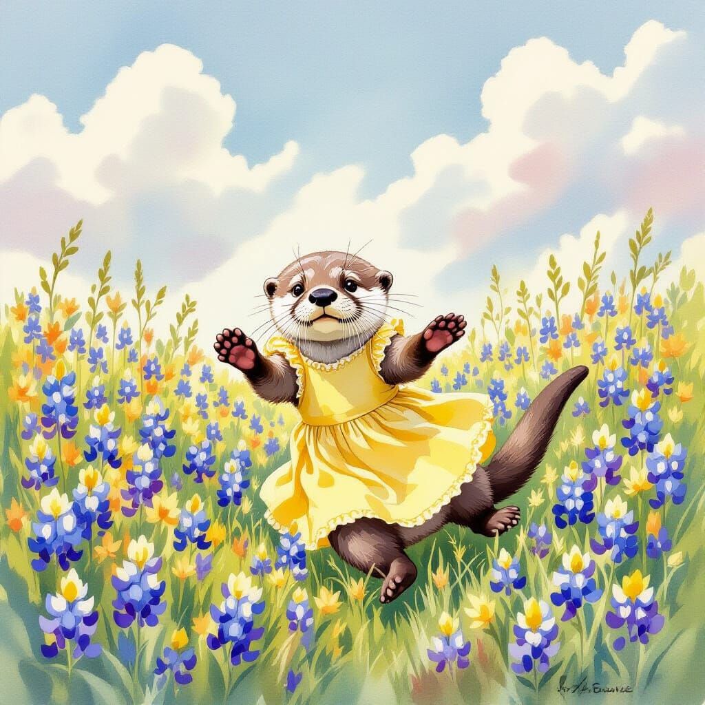 Playful Otter Pup in Bluebonnets Watercolor