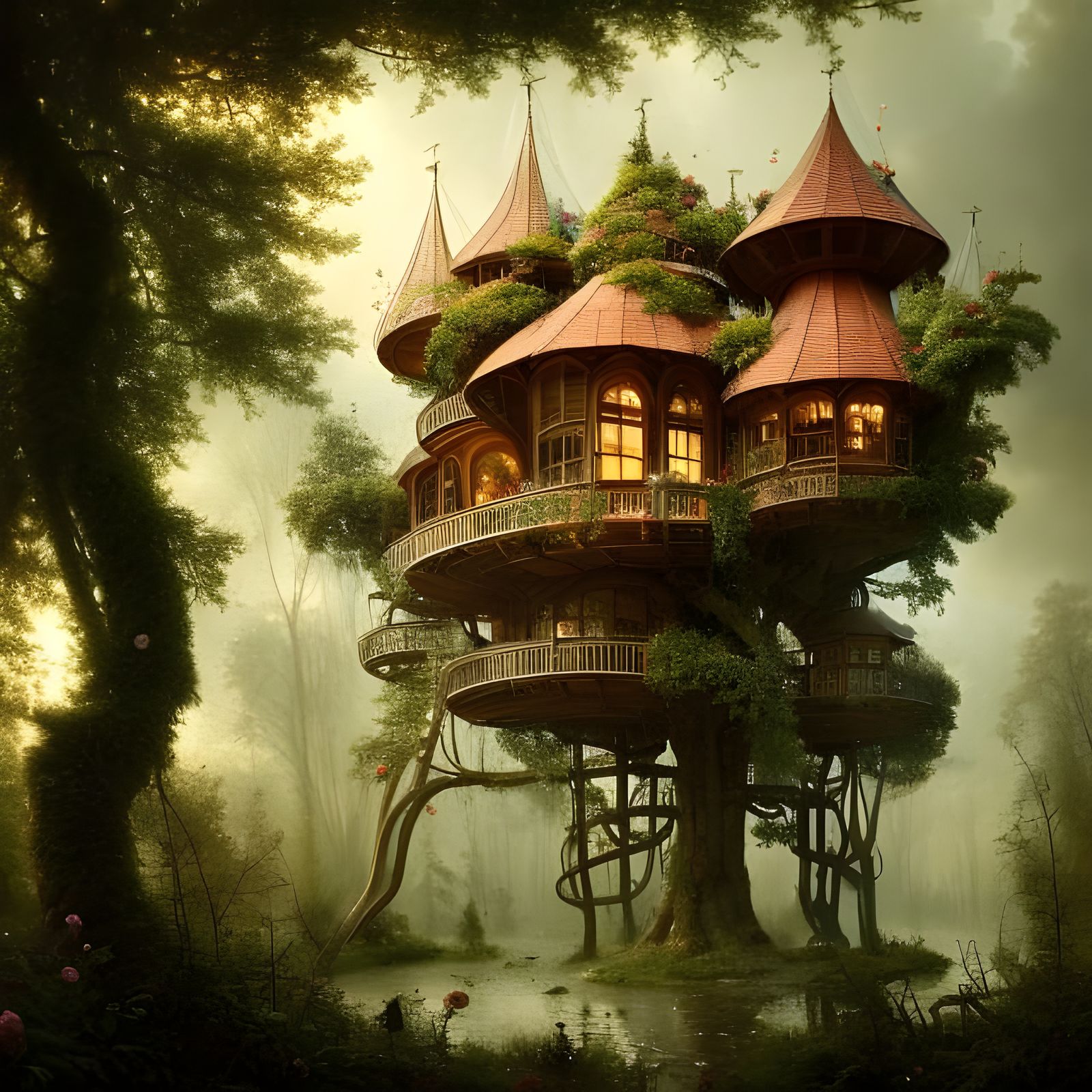 Hyperrealistic Russian Garden Treehouse with Wildflowers