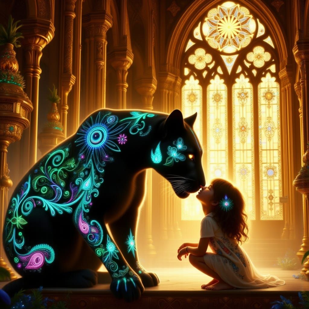 Girl Kisses Panther Adorned with Glowing Paisley Patterns