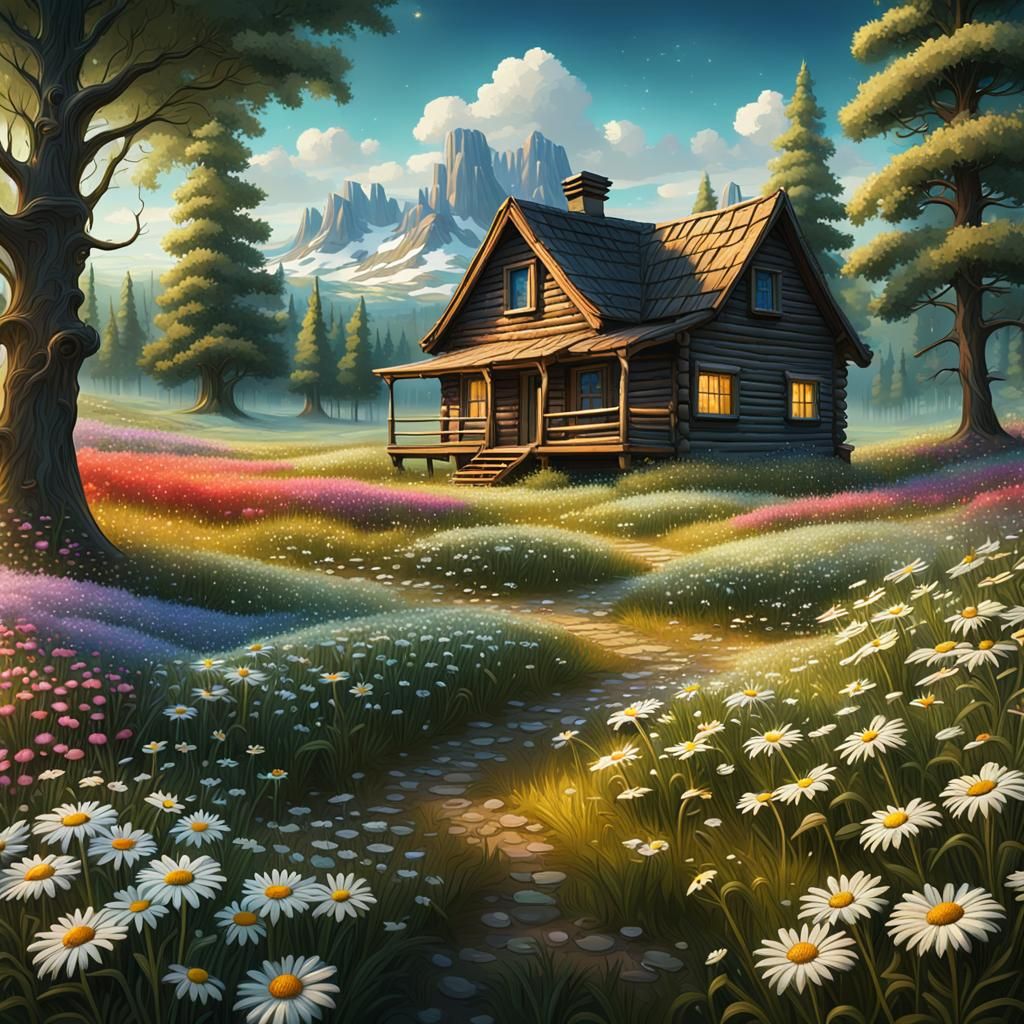 Wildflower Field Painting with Cabin in Distance