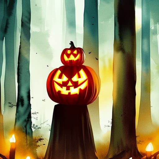 Moody Forest Jack-o'-Lantern Watercolor Portrait