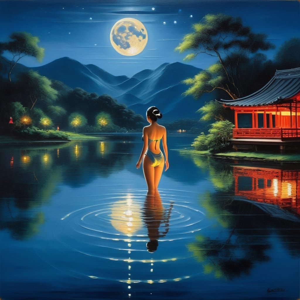 Moonlit Asian Women Swimming in Lake