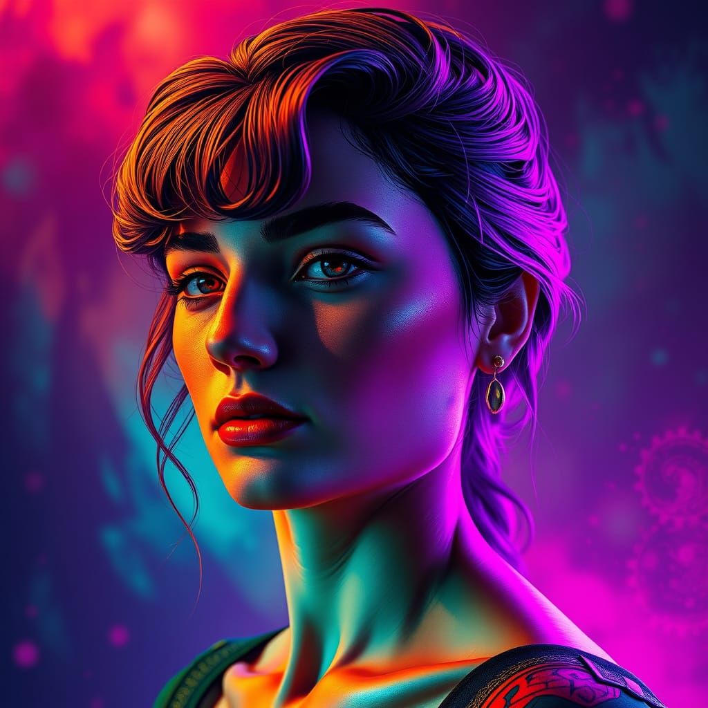 Vibrant Portrait with Art Nouveau and Neon Accents