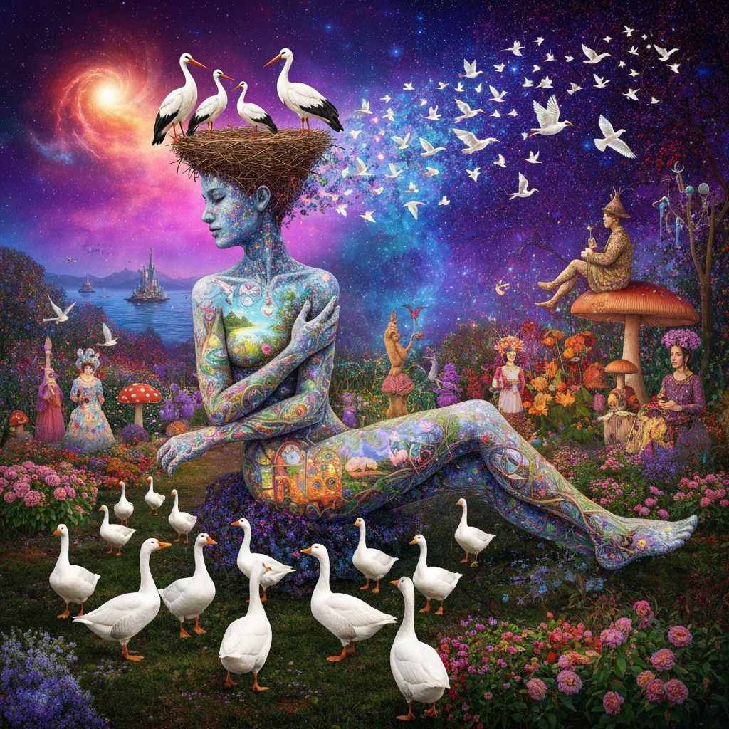 Ethereal Woman Transforms into Birds Amidst Cosmic Energy