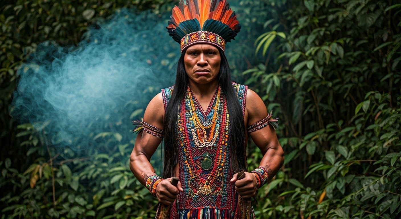 Strong Indigenous Shaman Portrait in Amazon Jungle