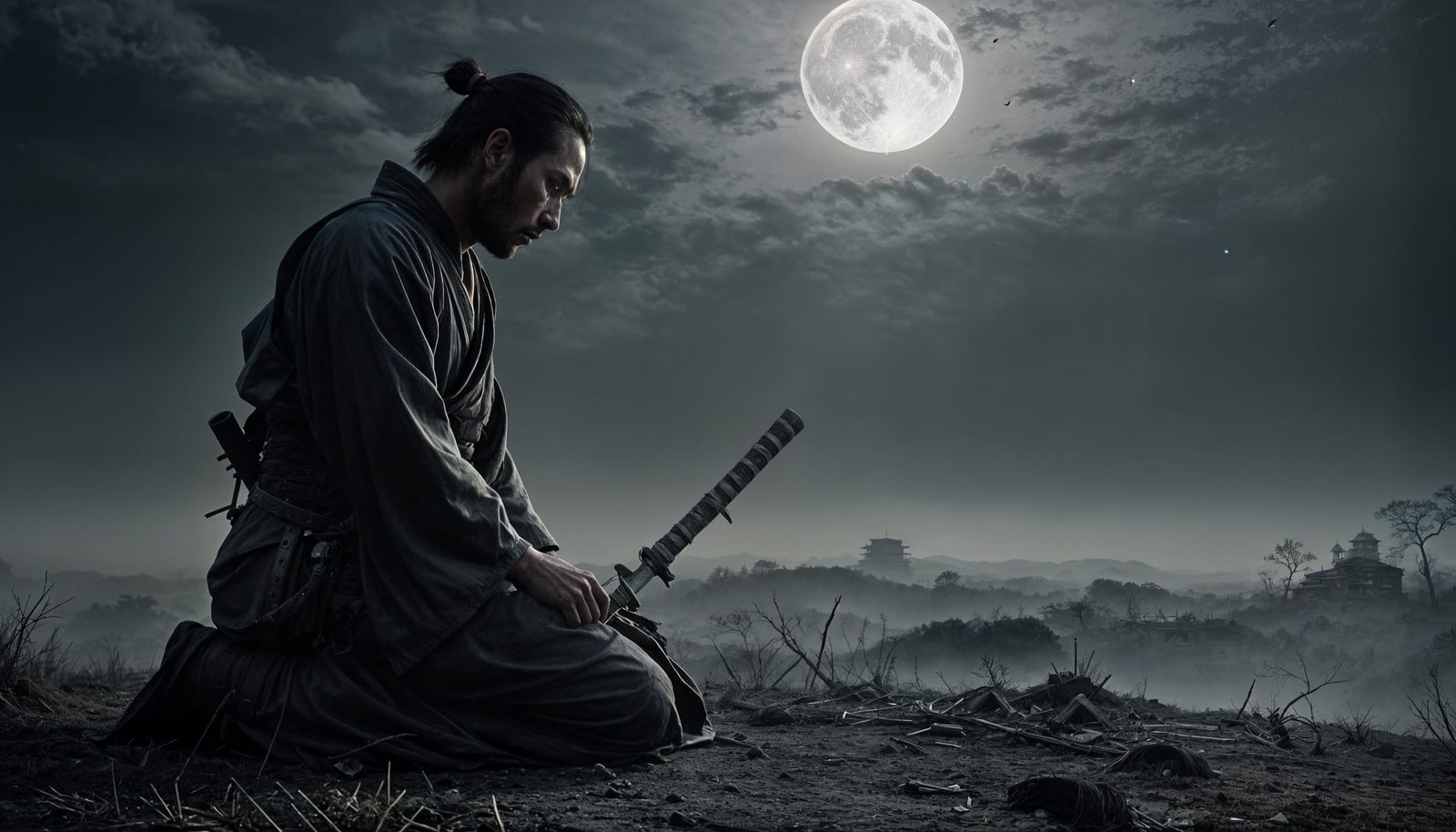 Defeated Samurai Kneels on Misty Battlefield