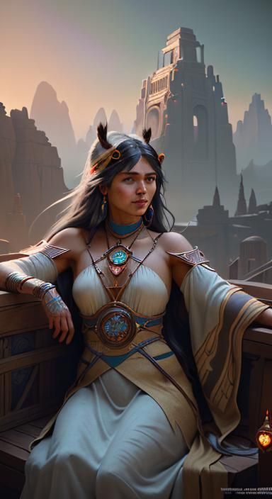 Native American Princess Overlooking Ancient City, Detailed ...