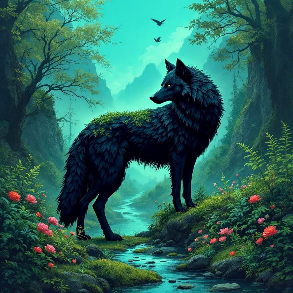 Lush Landscape Creates a Black Wolf