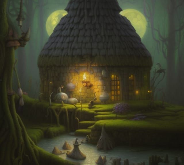 Magical Wizard's Hut in Swamp: Detailed Digital Illustration