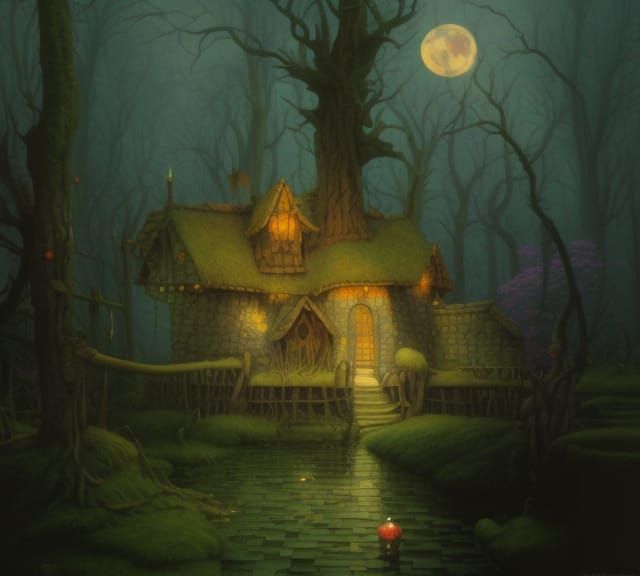 Magical Wizard's Hut in Swamp, Digital Illustration