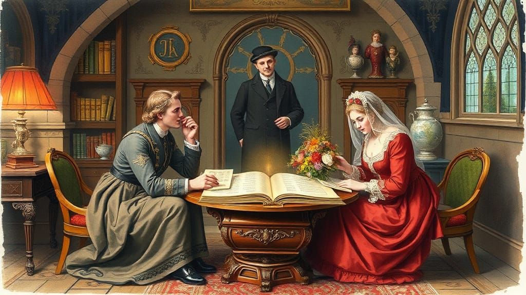 Victorian Marriage Book Illustration in Watercolor Style