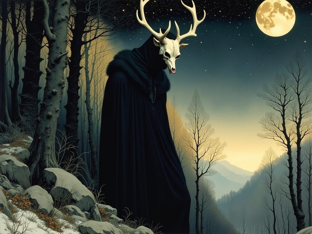 Dark Mythic Figure Emerges from Winter Shadows