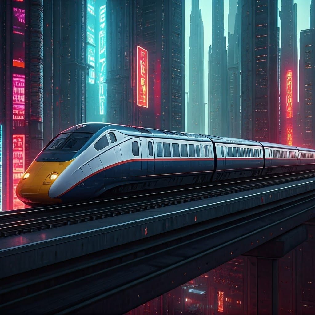 Sleek Maglev Train Blasts Through Neon Dystopian City