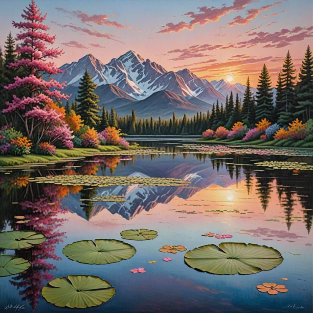 Vibrant Lakeside Scene at Sunset in Oil Painting Style