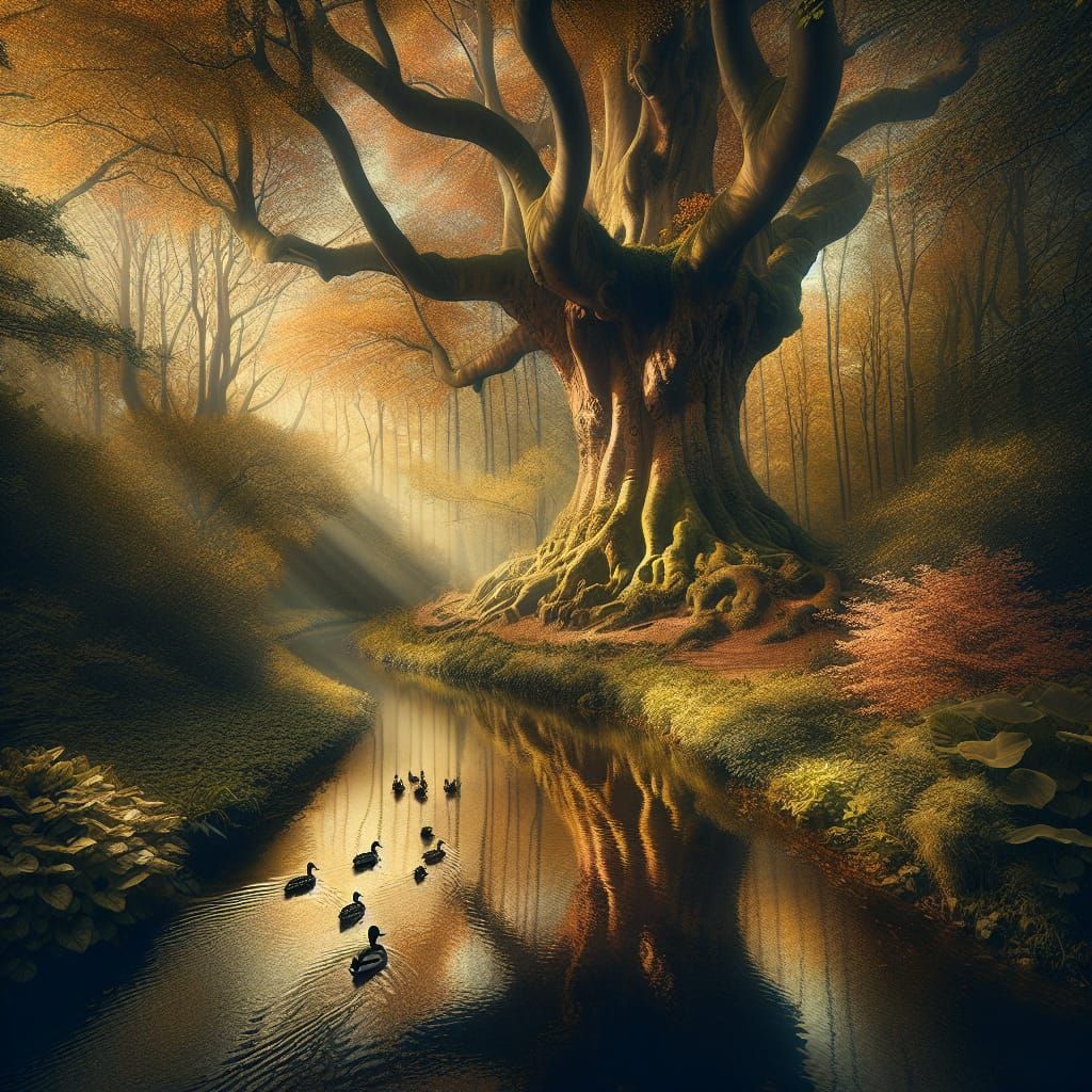 Whimsical Autumn Tree Reflected in Stream