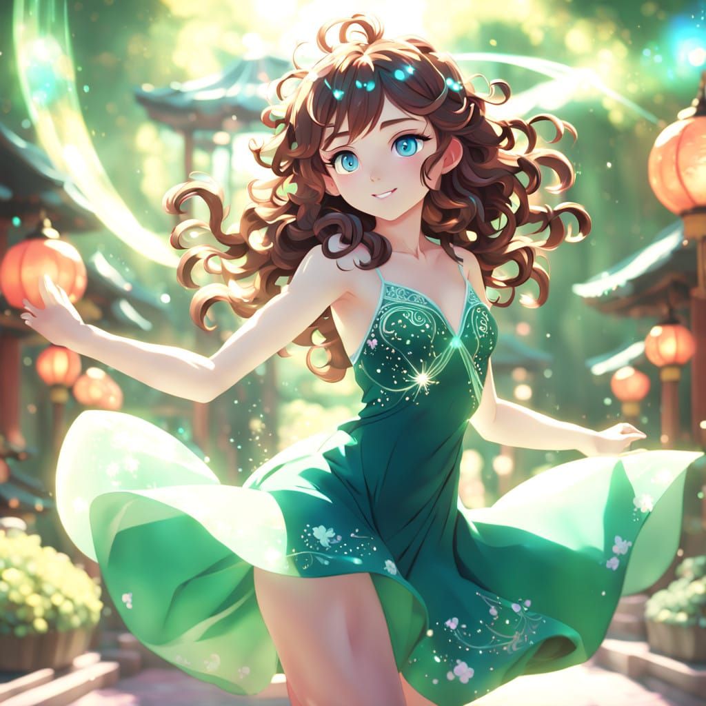 Elegant Young Woman in Emerald Green Anime-Inspired Dress