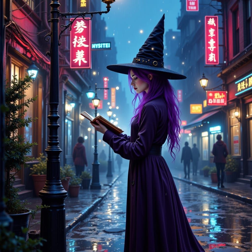 Modern Witch in Neon City Night