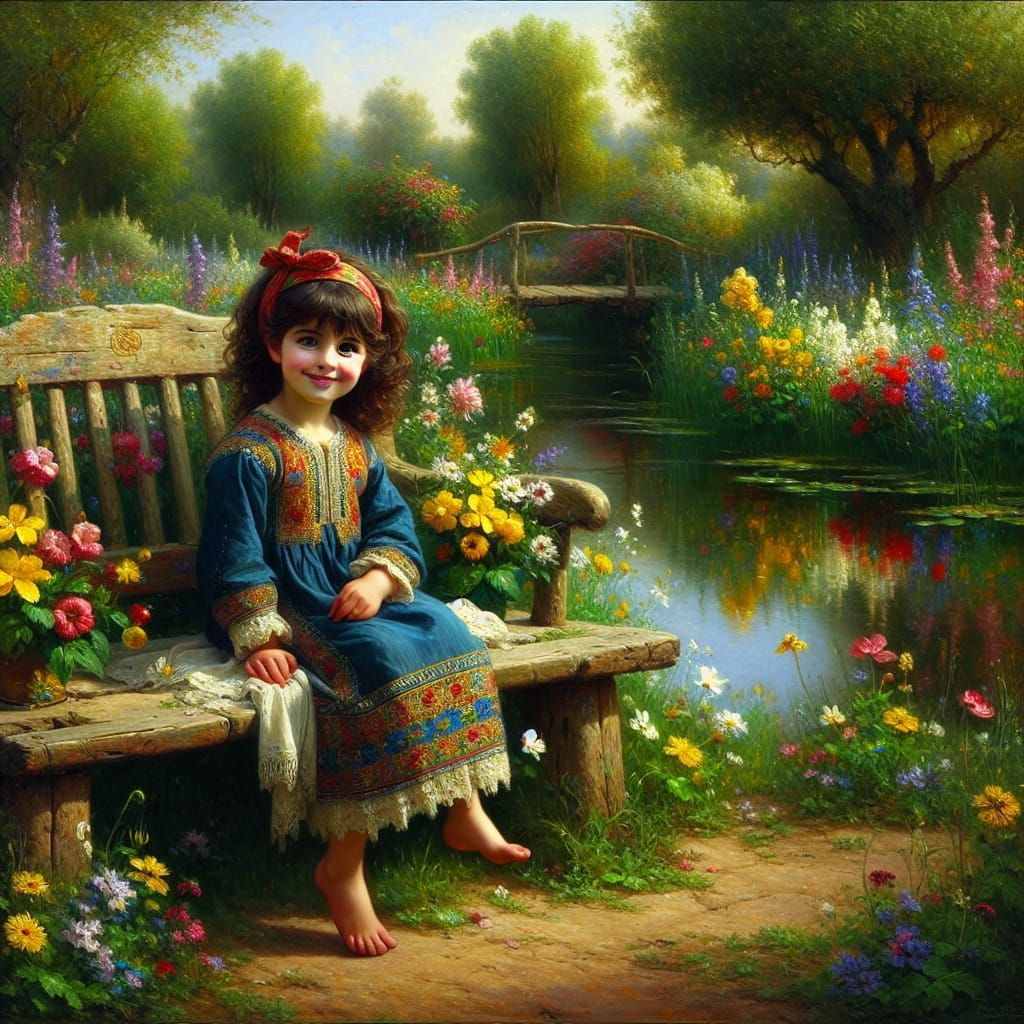 A wooden bench in the garden, splashed with colorful wild fl...