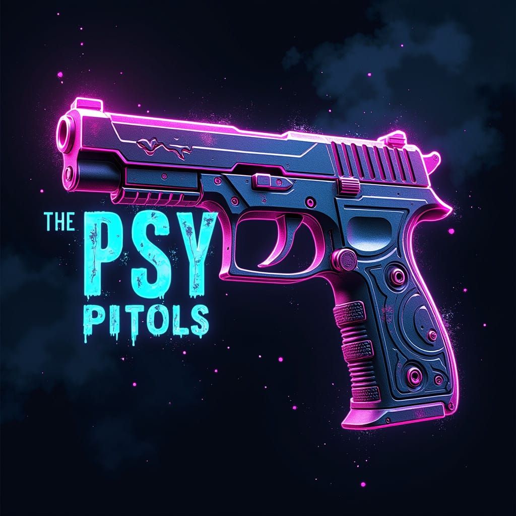 Electric Pistol Logo in Neon-Lit Urban Landscape