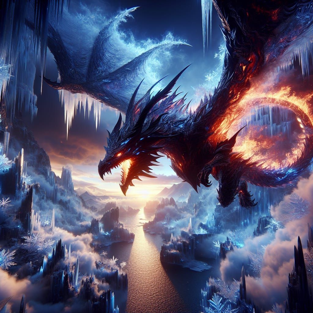 Mystical Fire Dragon Ascends a Winter Sky