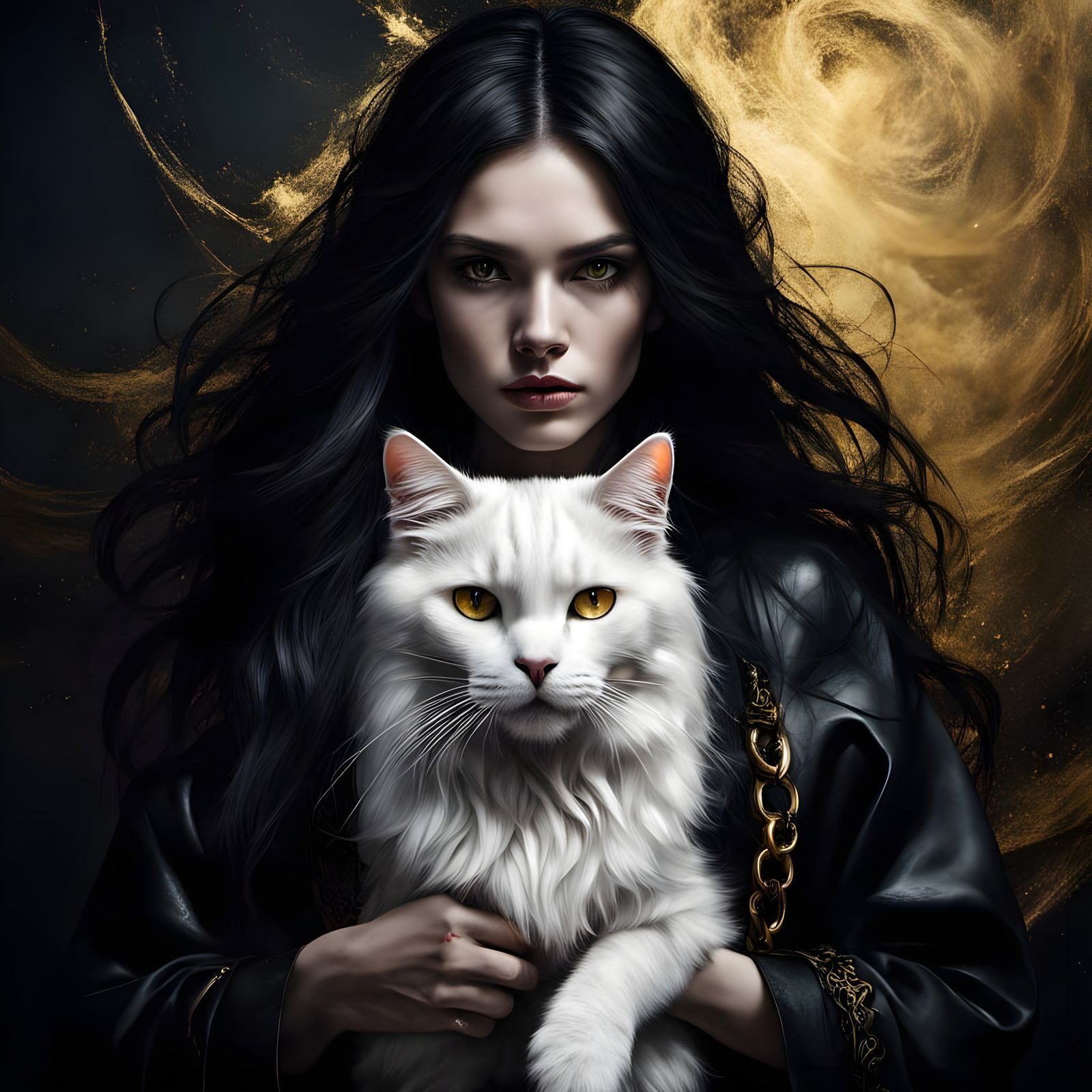 Mysterious Woman in Black with a Radiant Feline Companion