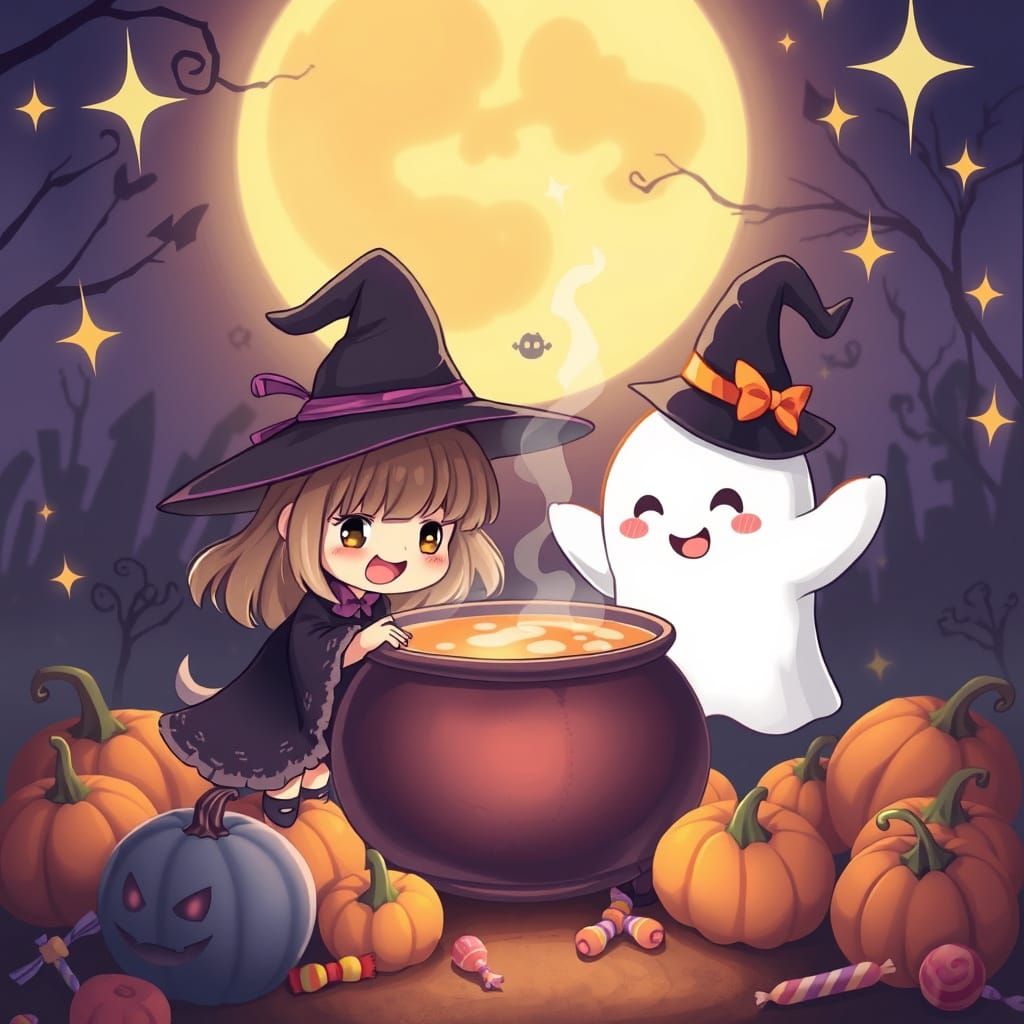 Kawaii Witch and Ghost by Steaming Cauldron on Halloween