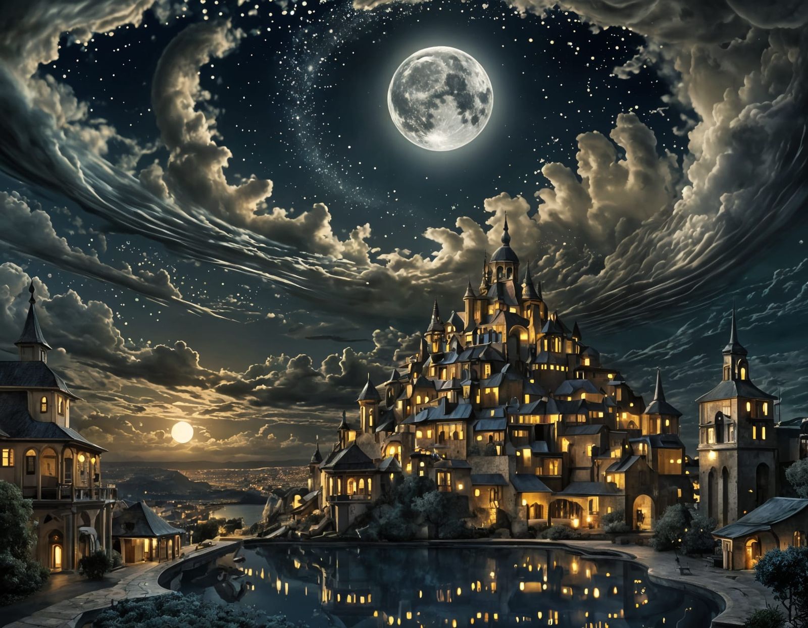 Magic Lunar Village Under Detailed Moonlit Sky
