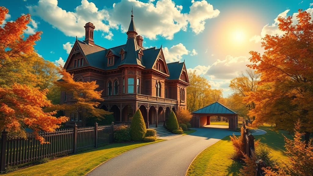 Majestic Victorian Mansion Amidst Vibrant Forest
