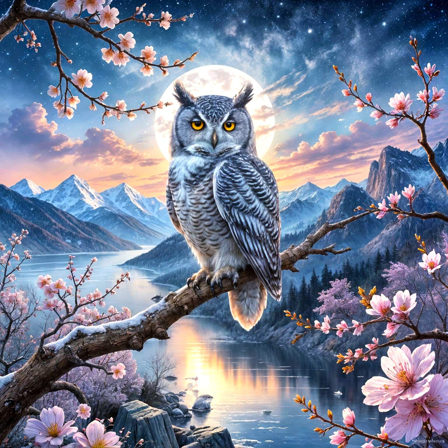 An illustrated snowy landscape with mountains, a lake, cherry blossoms, and an owl on a branch under a starry sky.