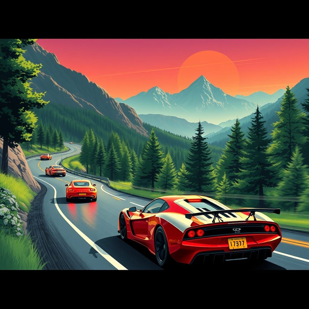 Speeding Sport Cars in a Futuristic Landscape