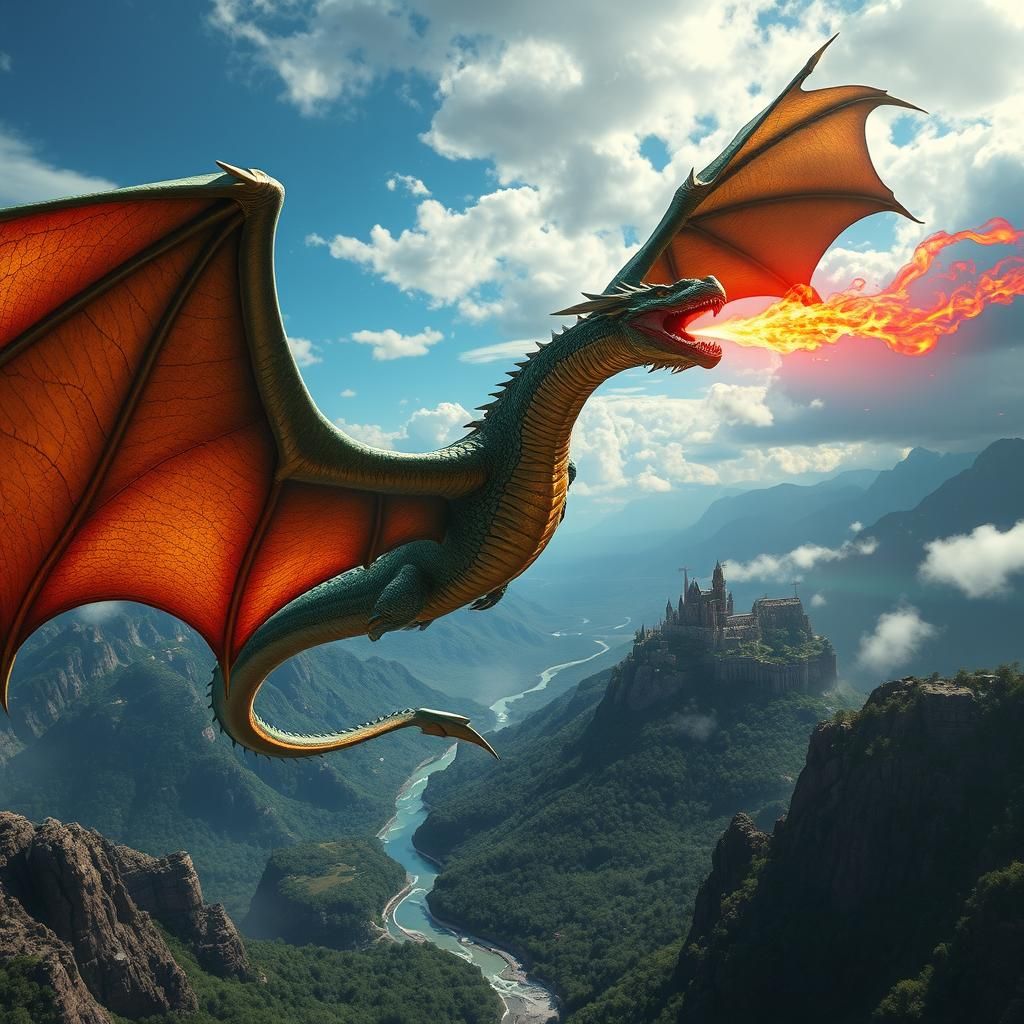 Majestic Dragon Soaring Above Fantasy Landscape