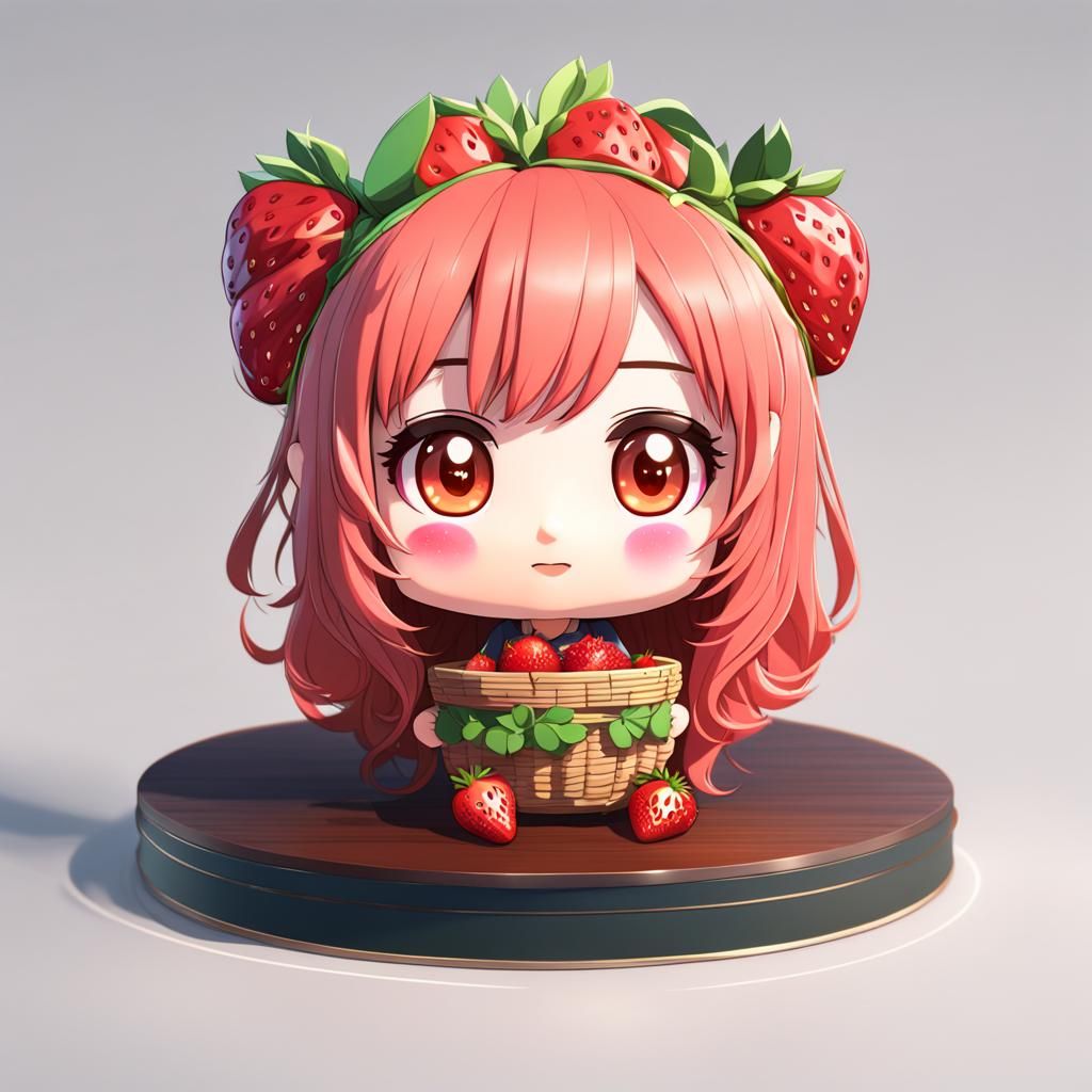 Chibi Strawberry Girl with Fruits in 3D Anime Art