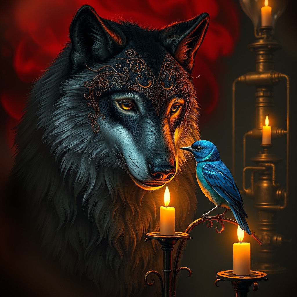 Wolf and Bird in Steampunk Gothic Setting