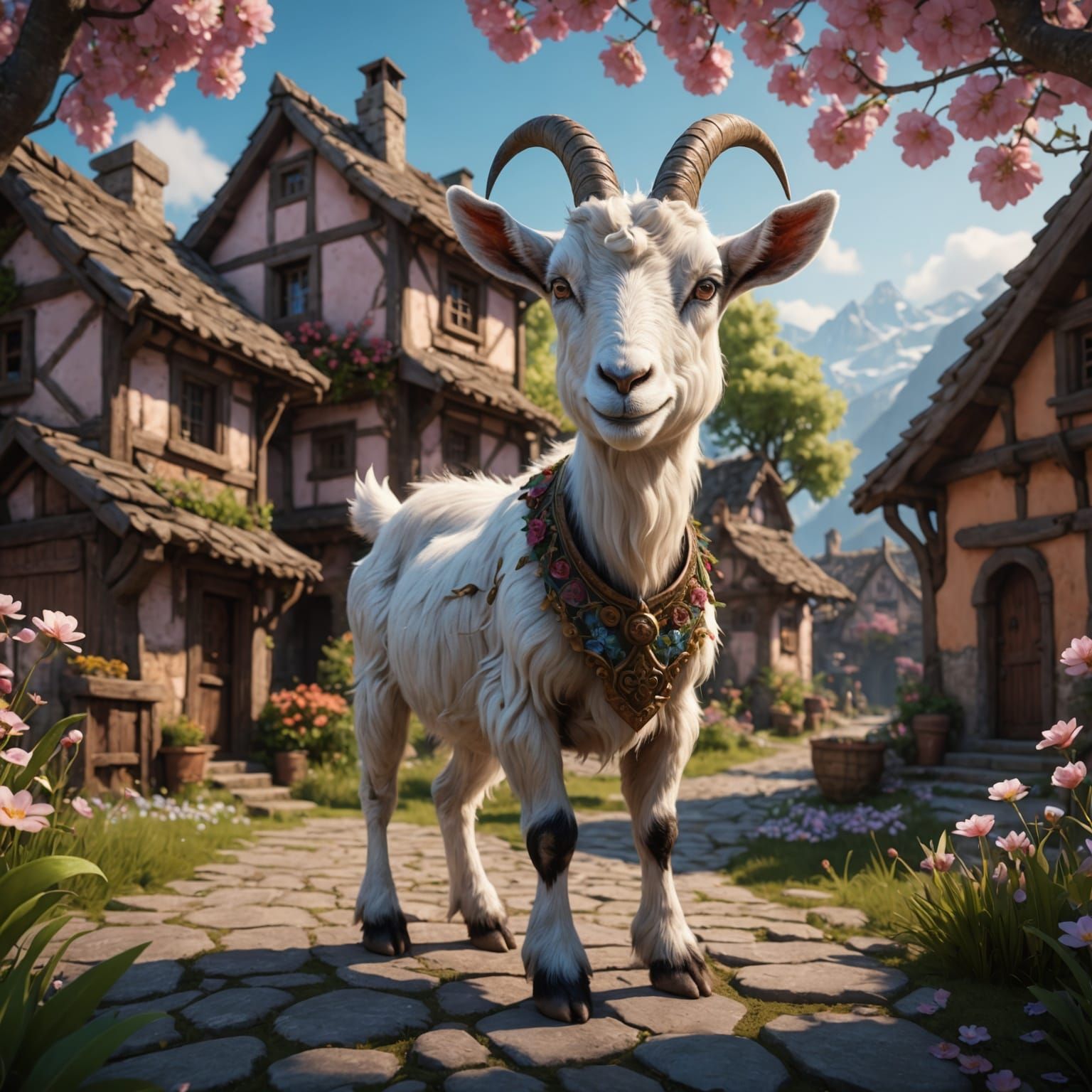 Cute Goat in Blossom Village: Detailed Matte Painting
