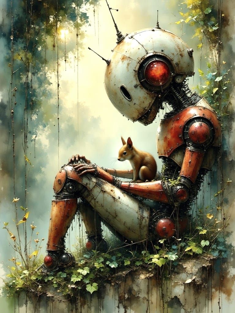 Rusted Robot Finds Companionship with Squirrel in Nature
