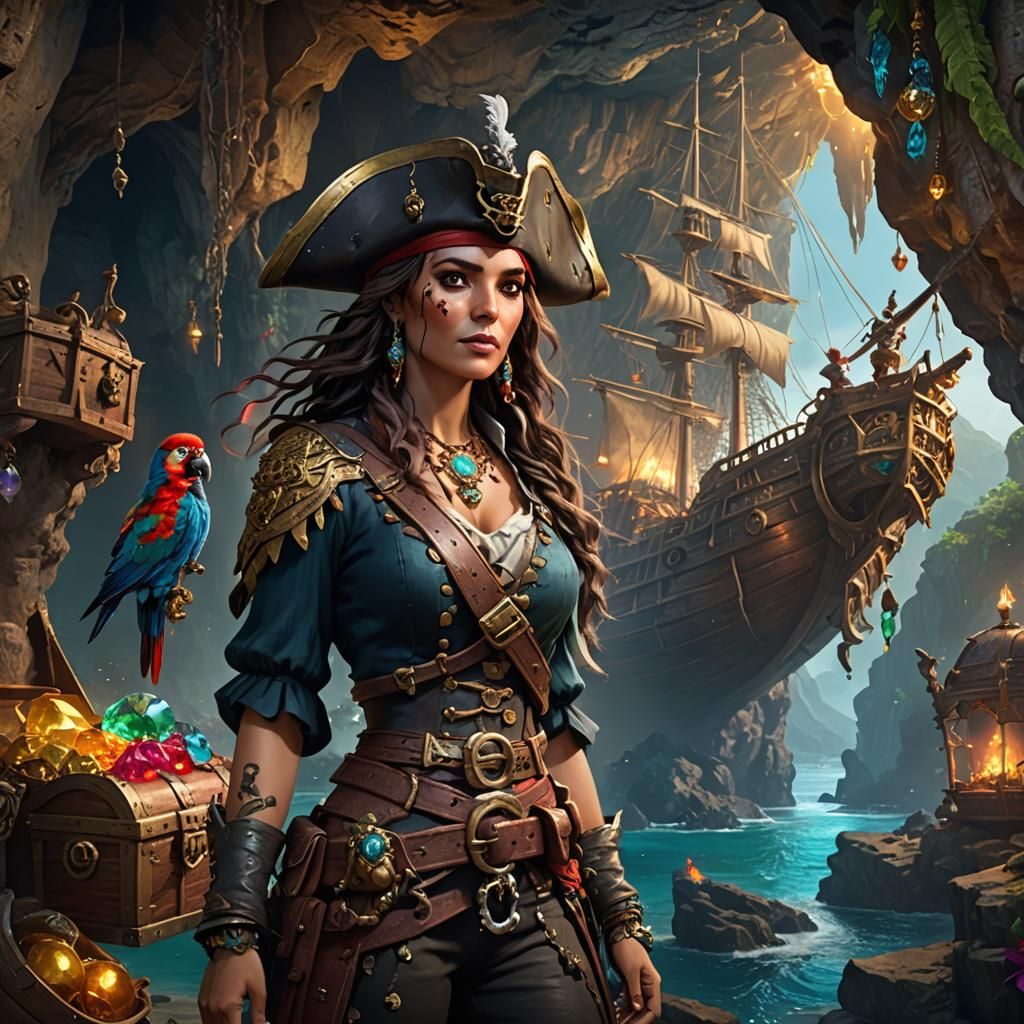Pirate Lady in Grotto with Treasure, Matte Painting