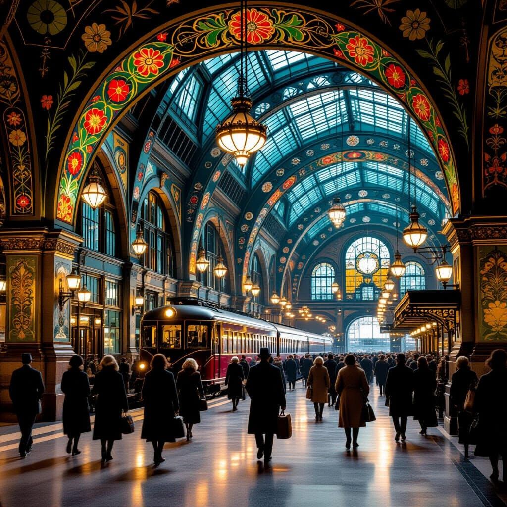 Opulent Art Nouveau Train Station at Dusk