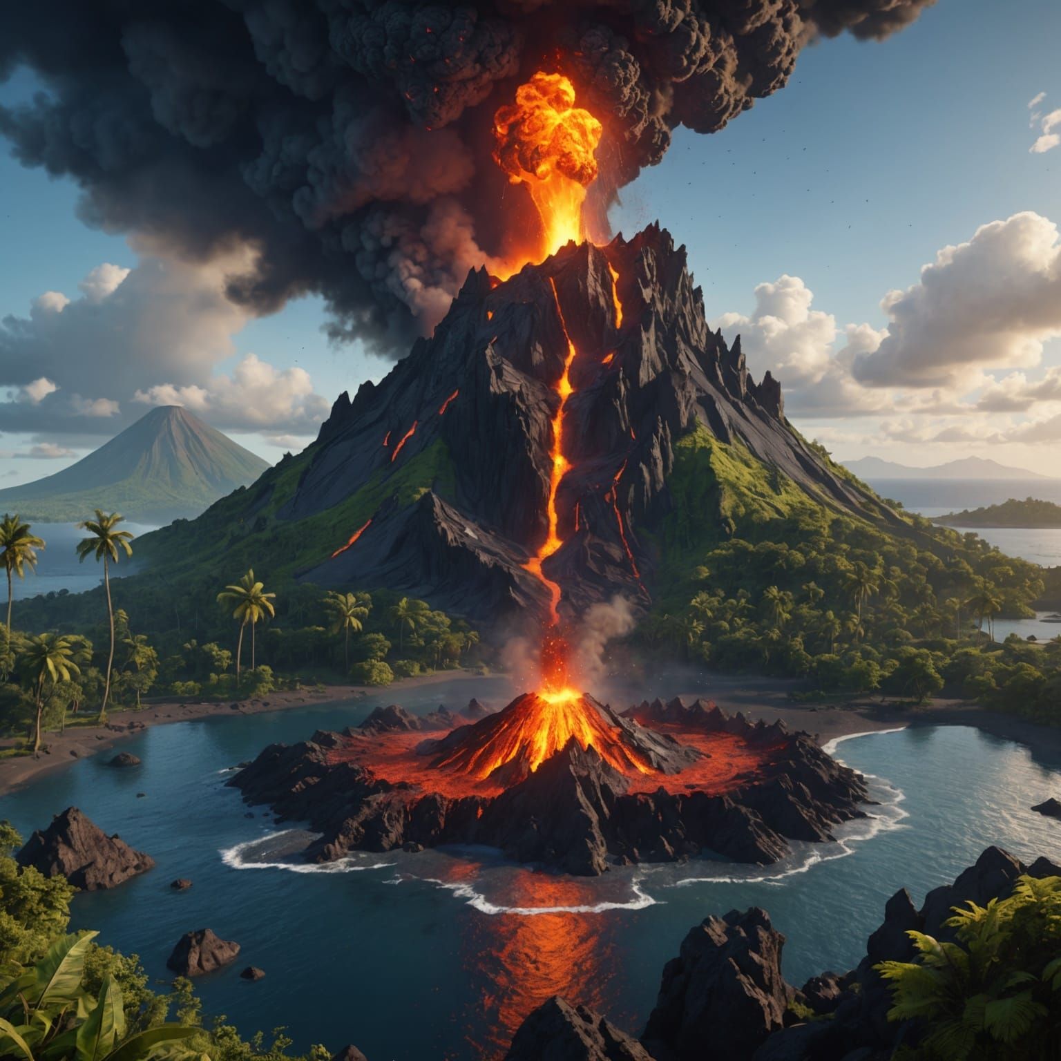 Erupting Volcano on Island: Fantasy Concept Art