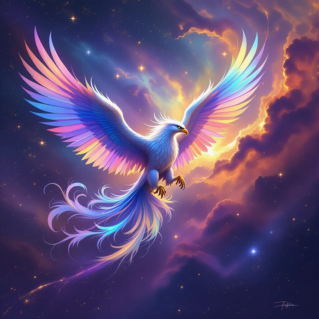 Iridescent Griffin Soaring Through Nebula, Epic Fantasy Art