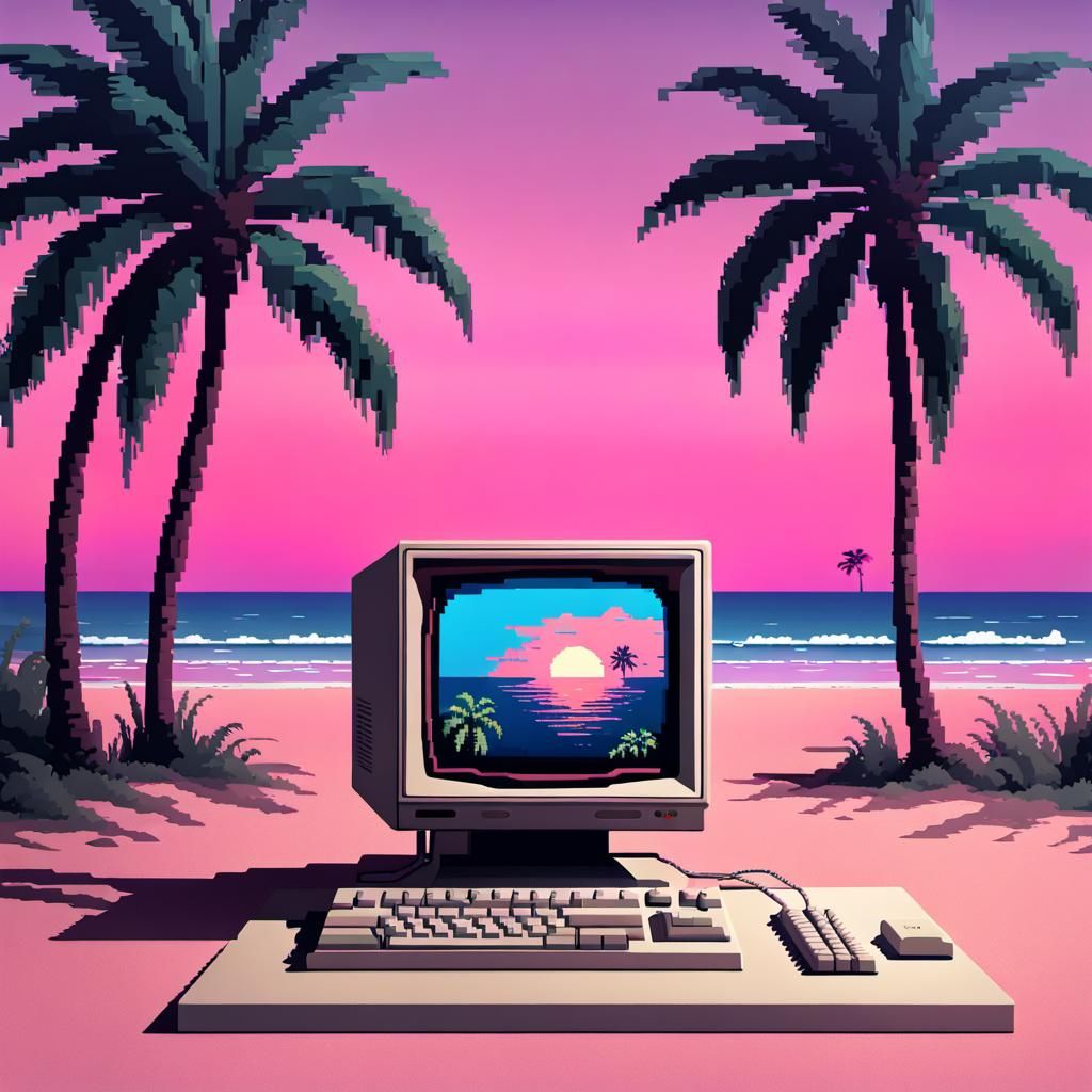 Windows 95 Beach Sunset in Pixel Art