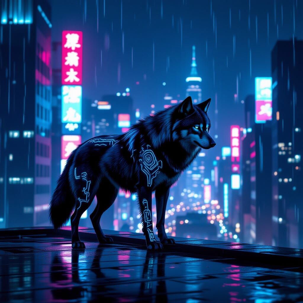 Cybernetic Wolf on Rooftop Overlooking Neon Cityscape