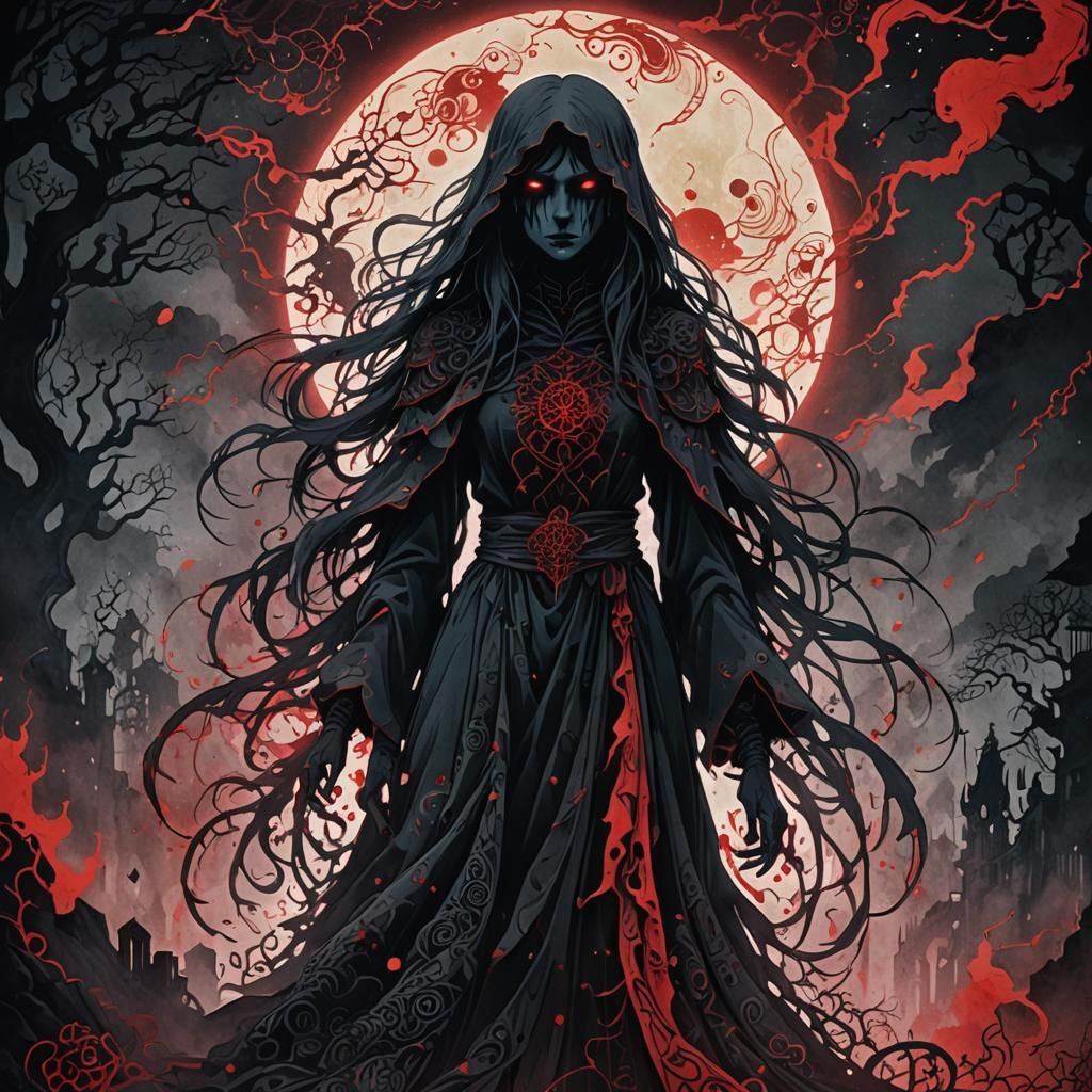 Creepy Ghost Woman in 80s Anime Style