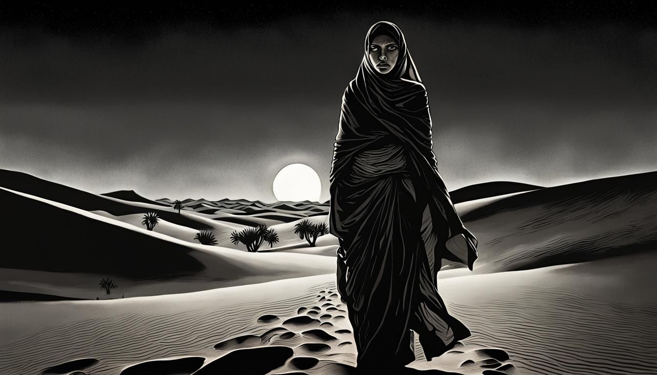 Bioluminescent Desert: Comic Noir Expressionist Bedouin Woma...